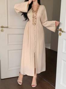 DAZY Casual Loose Splicing Flare Sleeve Long Dress For Women,Fall Dress Long Sleeve Dress - Pink - View 7