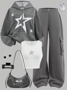 SHEIN Girlism Teen Girls Stylish Star Printed Gray Hooded Sweatshirt & Cargo Pants Sports Set Fall Winter - Grey - View 3