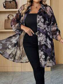 SHEIN CURVE+ 曲线加大码/秋季女装/冬季女装/冬季加大码女式浪漫休闲日常衬衫，飘逸长袖衬衫，商务休闲装，办公室装，教师装，飘逸上衣加大码透明 8xl 女式加大码花卉和服曲线和服/秋季/冬季 - 彩色 - 查看 8