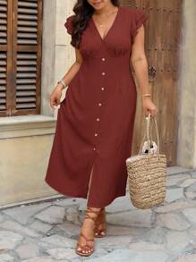 SHEIN Frenchy 大码优雅V领双层盖袖度假连衣裙 - 棕色 - 查看 4