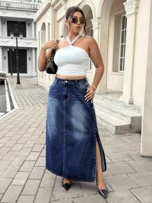 Jeanoix 大码女式休闲短款牛仔裙，夏季 - 藍色 - 查看 5