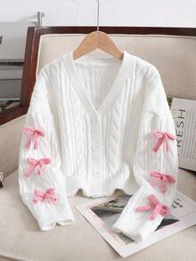 SHEIN Tween Girls' Casual V-Neck Long Sleeve Cardigan Top,In Fall/Winter - White - View 3