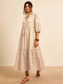 Freevana Đầm suông rộng rãi thường ngày thêu tay đèn lồng tua rua cho nữ cỡ lớn đi nghỉ mát Burnout - Màu Khaki - Xem 5