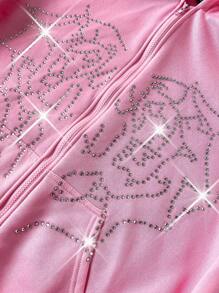 Manfinity EMRG 男士时尚街头 INS 风格水钻镶嵌蜘蛛网和心形图案休闲套头连帽衫，男友/丈夫礼物，周年纪念礼物，粉色 - 粉色 - 查看 2