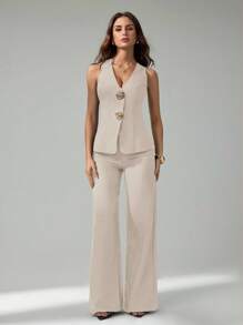 SHEIN Tall 2件套女式无袖开衫背心和休闲裤套装 - 米色 - 查看 6