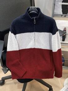 SHEIN Tween Boy 基本款休闲宽松前开撞色针织开衫，适合通勤、上学、日常休闲、运动、春夏秋冬 - 寶藍色 - 查看 10