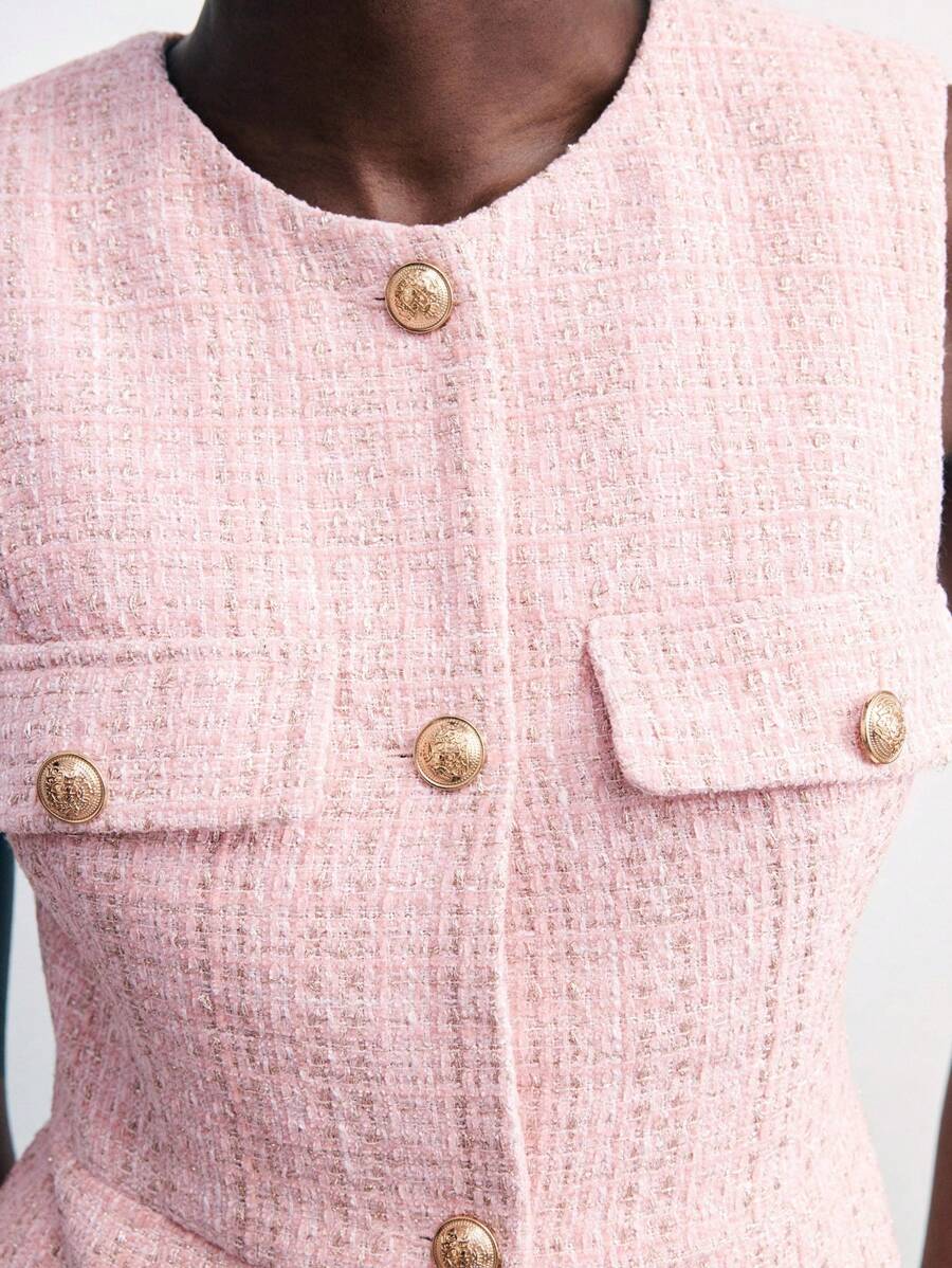 Maija 女士粉色和金色编织粗花呢面料百搭无袖圆领西装外套，办公室/休闲/商务西装外套 - 淺粉色 - 查看 1