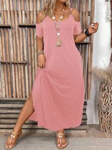 EMERY ROSE Plus Size Off-Shoulder Short Sleeve Slit Side Pockets Maxi Dress, Casual Summer Dress, Black Dress, Summer Women Outfit, Maxi Dress - Pink - View 1
