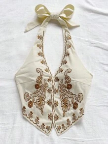 Soleia 波西米亚风格女式无袖工字背短款上衣，带花卉刺绣，系带露背设计，适合音乐节 - 彩色 - 查看 4