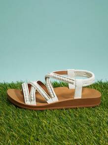 Mini mi 公主款女童白色优雅珍珠装饰绑带凉鞋，优雅舒适，适合日常或活动穿着 - 白色 - 查看 6