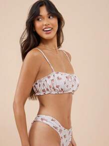 WESTFADE 花卉圆点印花荷叶边甜心领褶饰钢圈比基尼上衣可爱波西米亚牛仔风夏季 7 月 4 日海滩度假 - 粉色 - 查看 5