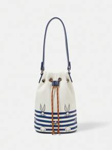 LOONEY TUNES X SHEIN 女士休闲通勤卡通兔子条纹印花索环抽绳单肩包 - 彩色 - 查看 3