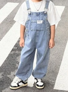 SHEIN Young Boy Fall And Winter Distressed Casual Everyday Style Korean Style Blue Denim Patch Decor Loose Fit Jeans Overalls Jumpsuit With Ankle Cuffs,For Boys Back To School And Streetwear Outfits, Kids Denim Jumpsuit, Kids Jeans Romper, Teenage Denim Overalls,Boy Kids Overalls - Light Wash - View 7