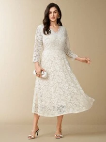 Flouryn Đầm Maxi Ren Cổ Chữ V Tay Dài Cỡ Lớn Ôm Eo Kiểu Chữ A, Viền Ren Thường Ngày - Màu be - Xem 4