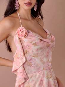 Enchnt Vestido largo de sirena con cuello de capucha, tirantes de espagueti, espalda descubierta y decoración de volantes con estampado floral rosa coral para mujer, para verano/otoño - Multicolor - Ver 2