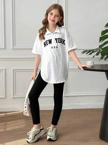 SHEIN Ensemble de 2 pièces pour jeune fille, style streetwear, t-shirt demi-zip avec col et legging noir unicolore, pour le port casual quotidien - Blanc - Voir 6