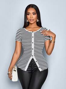 SOLERSUN Women's Elegant Striped Print Round Neck Front Button Short Sleeve T-Shirt (Random Floral) - Black - View 6
