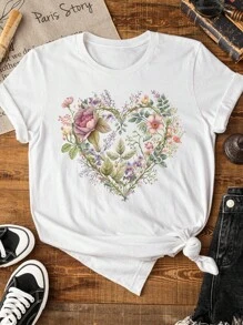 EMERY ROSE 植物与花卉图案圆领短袖时尚大码T恤 - 白色 - 查看 3