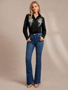 Amorya 女士优雅黑色串珠贴花短袖衬衫，适合多种场合，例如夏季返校、音乐会、返校节、办公室、教师节、晚宴、教堂活动、早午餐、生日派对、婚礼宾客等。 - 黑色 - 查看 6