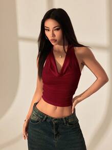 SHEIN PETITE Top aderente corto, da donna, con scollo a drappo, arricciato, allacciato al collo, senza schienale, abbigliamento da strada, estivo