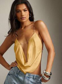 Denimoi Women's Print Decorate Chain Drapery Neck Top - Yellow - View 2