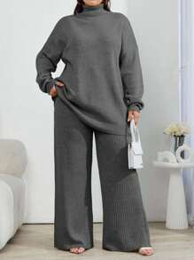 EURMUSE 2pcs High Neck Drop Shoulder Sweater And Ribbed Solid Color Sweater Pants - Dark Grey - View 1