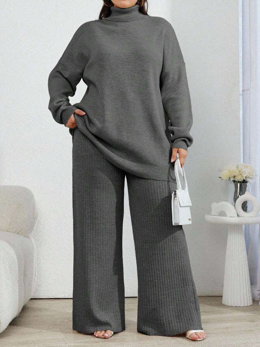 EURMUSE 2pcs High Neck Drop Shoulder Sweater And Ribbed Solid Color Sweater Pants - Dark Grey - View 1