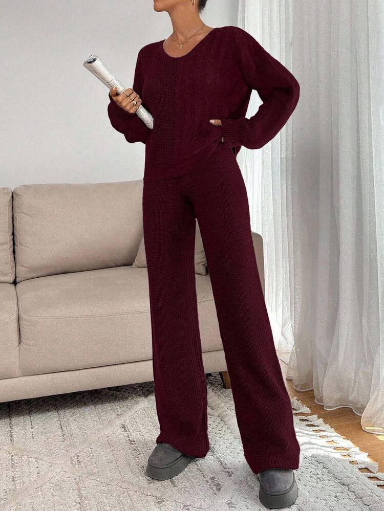 Knitwear Sweater Co-Ords With Pants And Cable Pattern,Loungewear Set,Petite,Winter Clothes,Two Piece Set Women - Burgundy - View 2