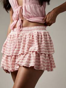MISSGUIDED Tiered Ruffle Mini Skirt Textured Gingham Beach Cover Up Spring Summer Resort Wear Poolside Layered A Line Vacation Fashion - Pink - View 4