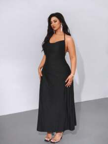 Viva Relle Vestido Preto Elegante e Sexy para Festa, Formal, Vintage, com Decote Halter, Corrente Metálica Anexada, Design de Teia de Aranha Nas Costas Abertas e Ajustado, Plus Size para Mulheres - Preto - Visão 4