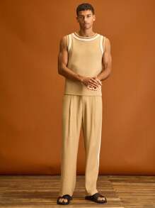 Musero Men Crew Neck Trim Detailing Tank Top Spring Summer Holiday Vacation - Khaki - View 4