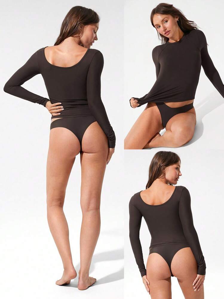 Flow & Glow Soft Stretchy Lightweight Slim Fit Double Layer Reversible Scoop Neck Long Sleeve Top Base Layer Daily Casual Wear