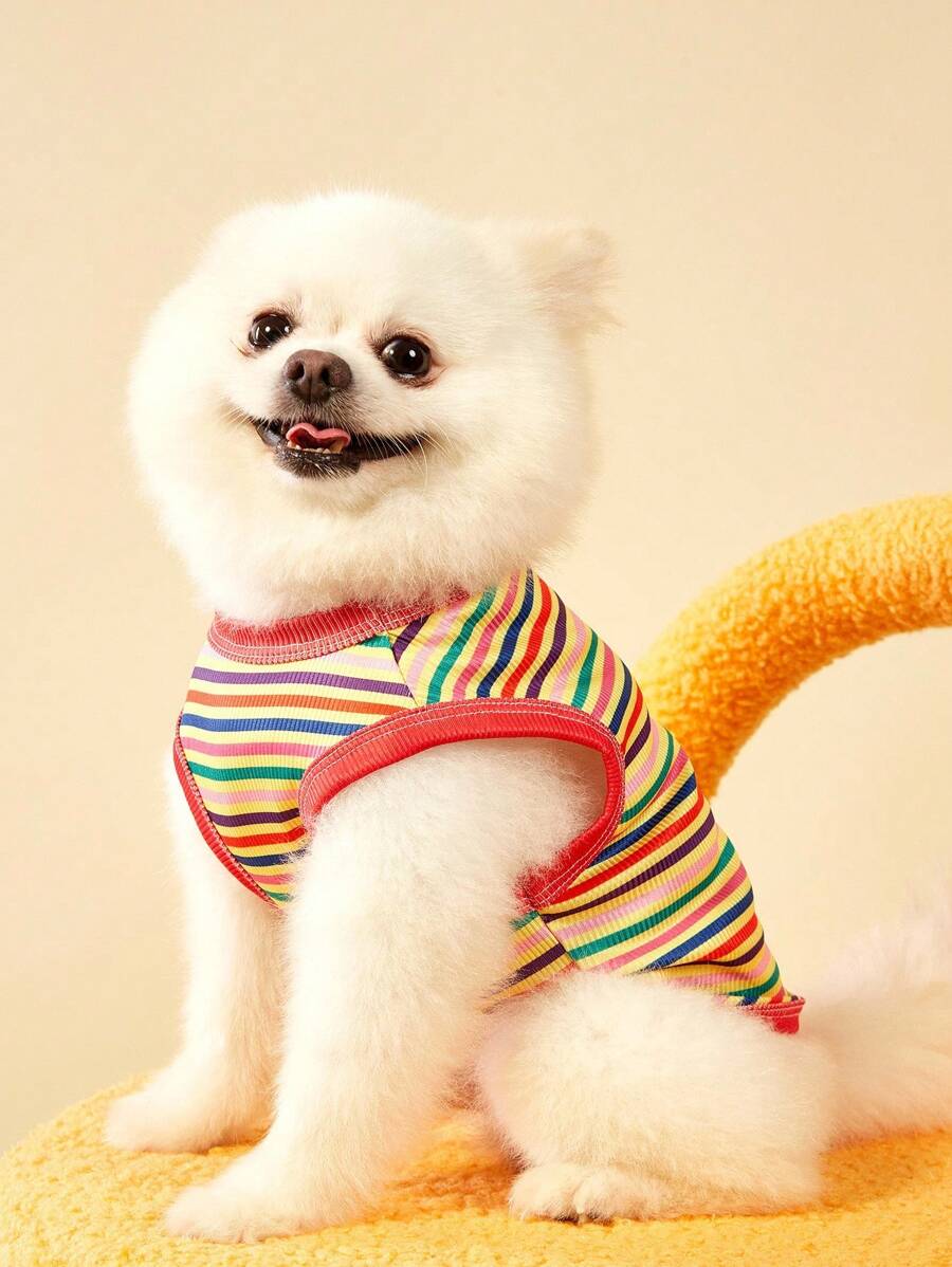 PETSIN 1 件宠物猫狗通用粉色黄色彩虹条纹时尚可爱弹力透气狗狗背心 - 彩色 - 查看 1