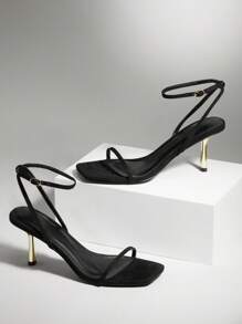 SHUZIA 新款女士时尚黑色绒面踝带扣方头中跟派对春夏高跟凉鞋