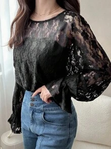 FRIFUL Camiseta holgada de encaje transparente con mangas acampanadas en color albaricoque, para primavera/verano - Negro - Ver 4