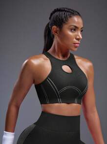 Powerista 女士条纹镂空设计短款运动文胸，适合日常锻炼 - 黑與白 - 查看 1