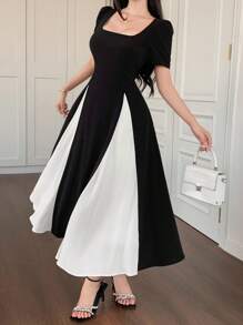 DAZY Women Elegant Commuter Color Block Patchwork Dress - Black and White - View 4