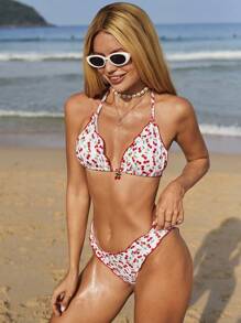 Swim Mod Women's Cute Bikini Set, 2 Pieces, Cherry Random Print & Rib Fabric, Casual Resort Swimwear, Summer Beach Outfit