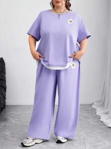 SHEIN CURVE+ Plus Size Women 2Pcs Set, Casual Loose Print Top And Wide Leg Pants Suit