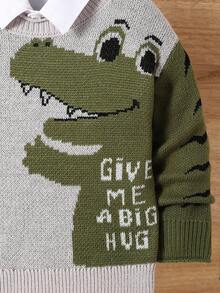 儿童小男孩绿色卡通动物图案圆领保暖针织可爱毛衣，适合派对、生日穿着 - 灰色 - 查看 4