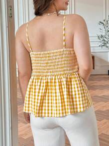 SHEIN LUNE Plus Size Women Yellow & White Plaid Ruffle Strap Back Cami Top Fall Country Concert Vintage Teacher Butter Yellow Top, 90s Back To School Homecoming Cute Streetwear Going Out