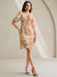 Anewsta Rochie de damă cu decolteu în V, mâneci scurte și bufante, talie înaltă, linie A, dantelă solubilă în apă, imprimeu floral, potrivită pentru vară, festivaluri, sărbători, vacanță, elegantă