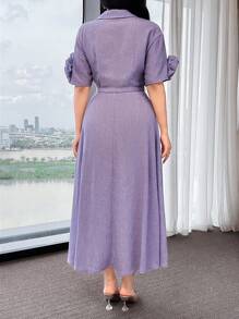 Feyla V-Neck Waist Cinching Hand-Crafted 3D Flower Cinched Waist Elegant Comfy Summer Dress For Work And Everyday - Purple - View 6