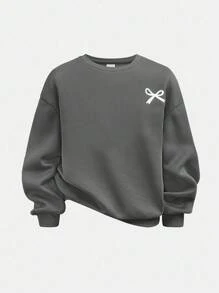 Tween Girls Casual Bow Print Knit Solid Color Loose Dropped Shoulder Long Sleeve Hoody And Wide Leg Sweatpants Set Teen Girls Clothing Sets Teen Sweatsuit Set Girls 2 Piece Outfits Tween Girls Sweatsuit Set Sweat Sets For Tweens Fall Winter - Grey - View 6