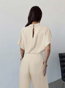 Firerie Bộ 2 món quần ống rộng dáng đứng thoải mái, thích hợp mặc thường ngày, đi làm và đi nghỉ, thanh lịch tối giản, cổ bèo nhún màu xanh lam, đa năng, mùa hè - Hồng - Xem 3