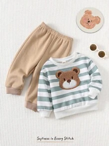Cozy Pixies 2 件套幼儿男童卡通熊图案条纹圆领运动衫和纯色松紧腰及踝长裤套装 - 綠色 - 查看 9
