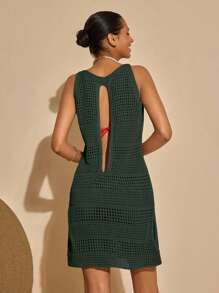 Bóhologie Vestido informal de punto calado tipo capa de vacaciones de color liso