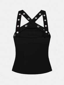 Maija Damski czarny top casualowy z ozdobnymi oczkami, uniwersalny na lato i na każdą porę roku, nowoczesny, miejski szykowny design, wygodny, dopasowany krój, ozdobny pasek w kształcie litery X, biznesowy, swobodny top streetwear z odkrytymi ramionami, bluzka uniwersalna inspirowana Y2K