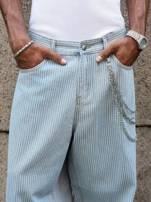 PAVTROS 男士休闲时尚街头潮流纽扣宽松阔腿牛仔裤男条纹宽松浅蓝色条纹阔腿裤 - 淺色水洗藍 - 查看 5