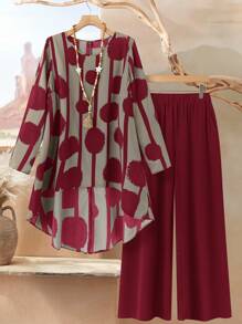 Rusticease Plus Size Women 2pcs Set Geometric Print Round Neck Long Sleeve Asymmetric Hem Top And Pants, Casual, Winter Set,Suitable For Early Autumn,Going Out Outfits,Western Outfits ,Women Vacation Outfits